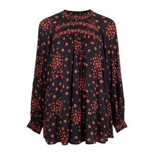 Free People Black Red Smocked Floral Print Tunic‎ Top XS Oversized Vamp Fairy